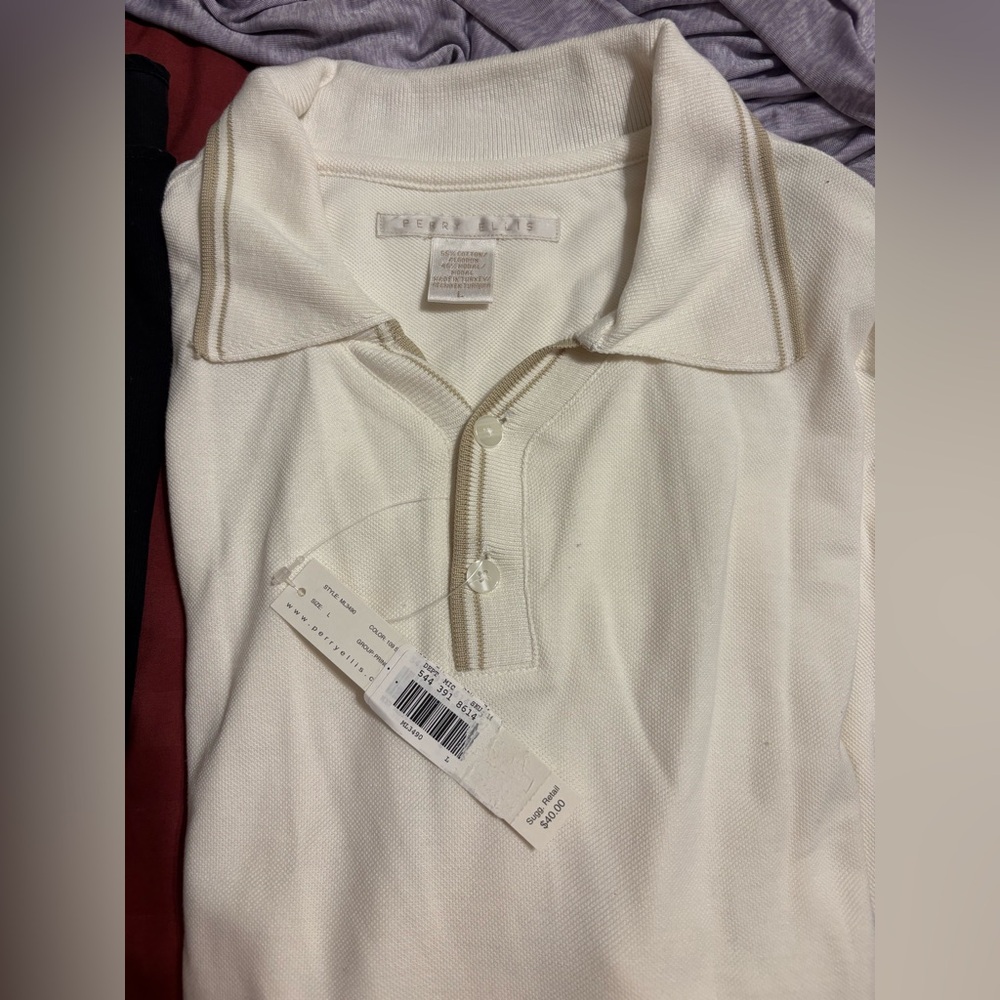 Perry Ellis Cream V-Neck Polo Sweater with Tan Contrast Trim